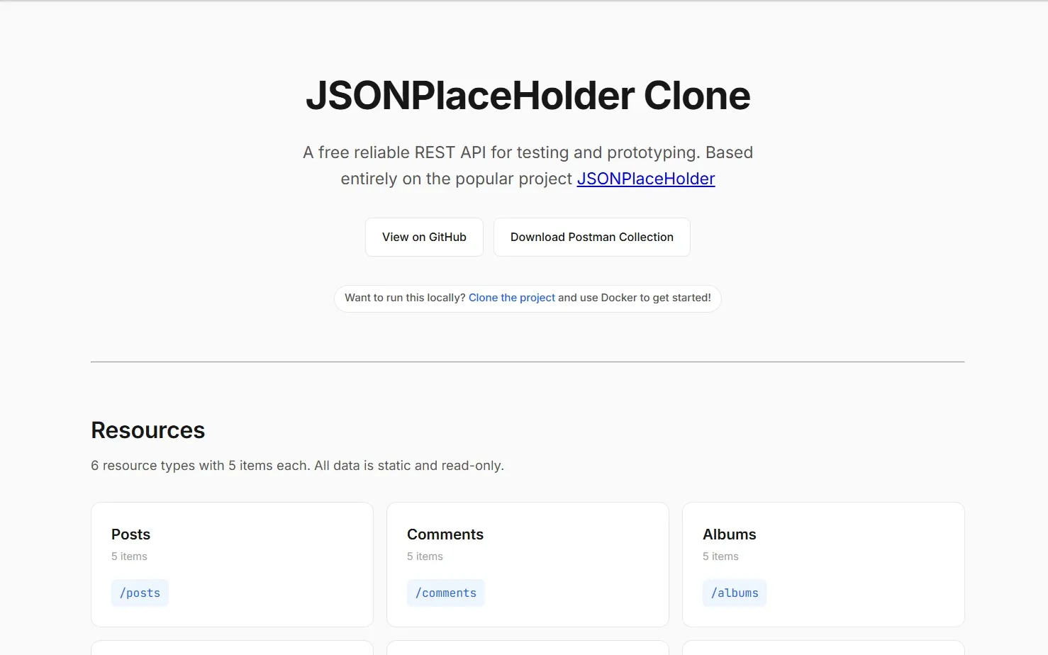 JSONPlaceholder Clone landing page listing the six available resource types