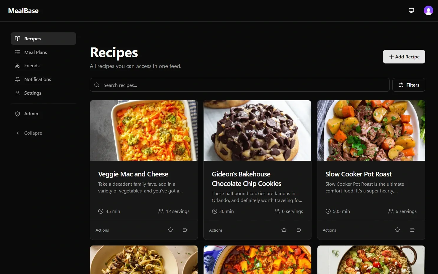 MealBase recipe feed showing a grid of recipe cards with photos, cook times, and servings